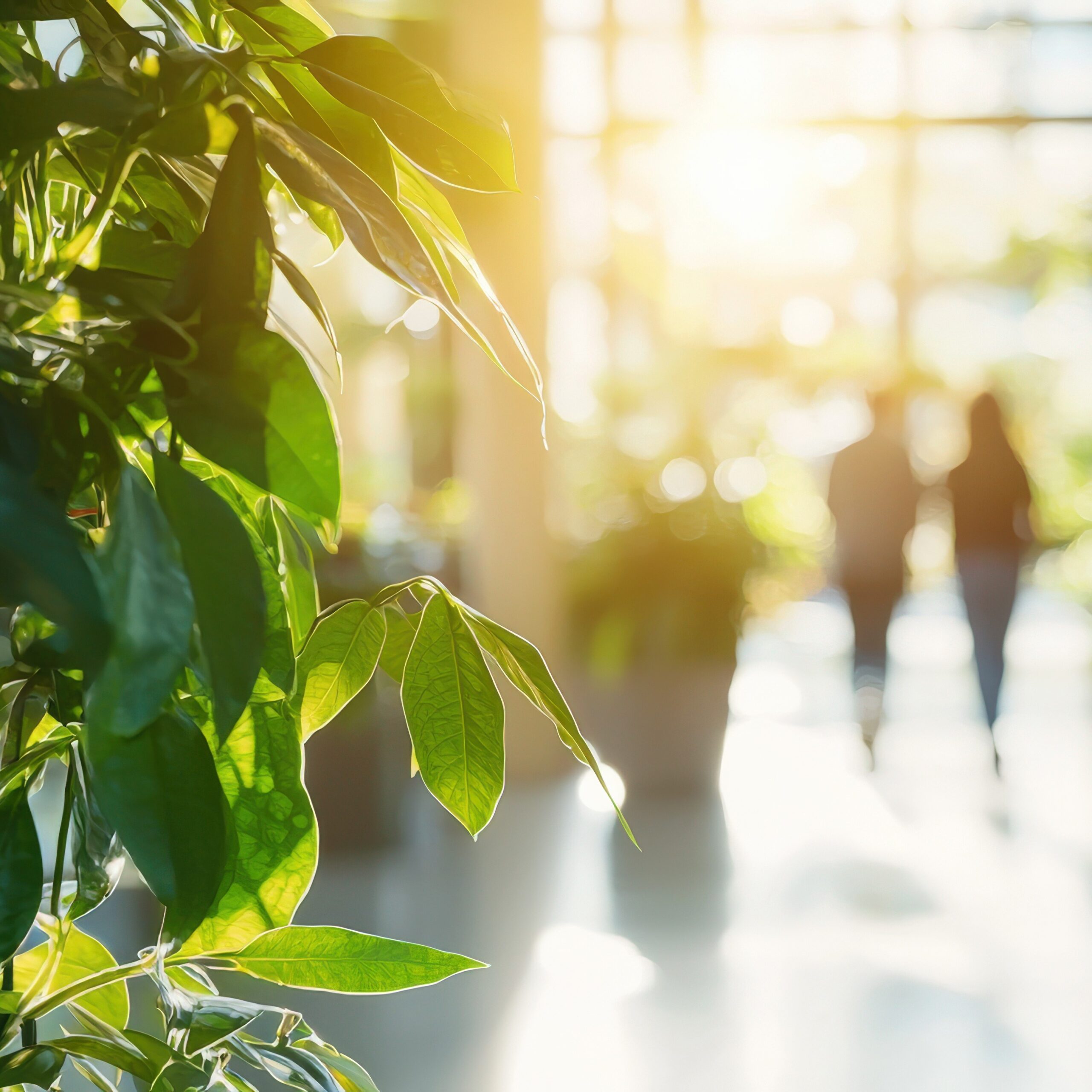 Stock Photography. Subject: Blurred background of people walking in a modern, eco-friendly office space with natural light and greenery â€“ highlighting sustainability, innovation, and a responsible work environment. --ar 16:9 --quality 2 --style raw --stylize