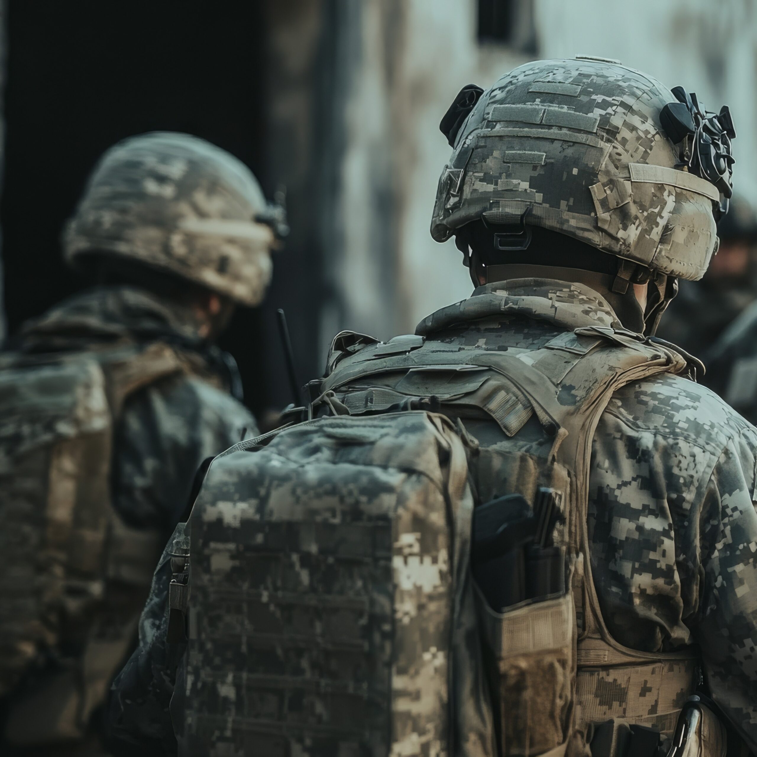 Soldiers in military gear move cautiously through an abandoned area, showcasing teamwork and readiness in a tactical environment.